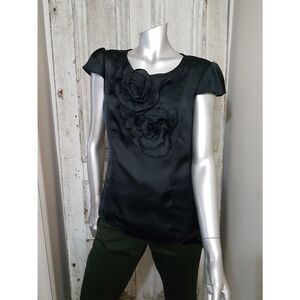 Spense Medium black blouse with floral detail. Side zipper and button back